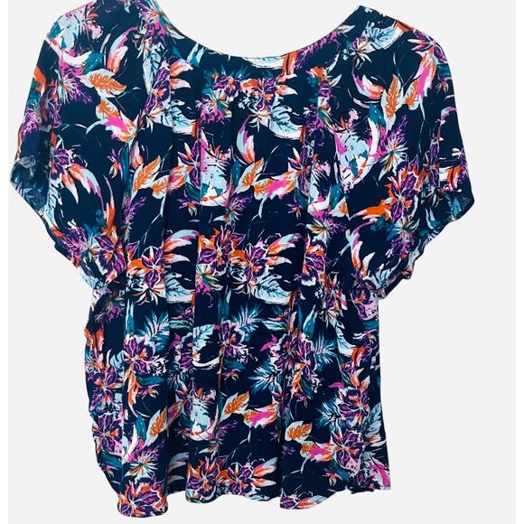 SIGNATURE STUDIO SHORT SLV PULL-OVER V-NECK BLOUSE, WOMENS, 1X, NAVY + MULTICOLR - Picture 5 of 12